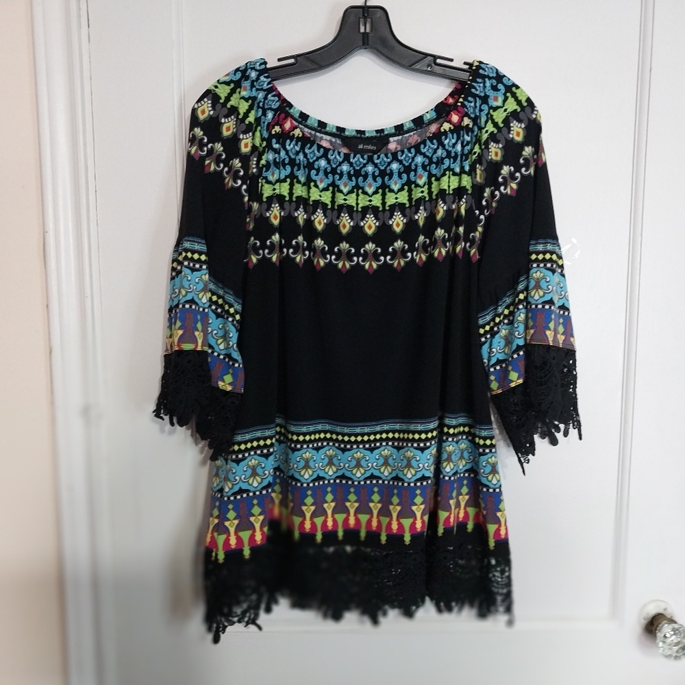 Ali Miles Black Tunic with Multicolor Geometric Trim and Crochet Hem - Picture 15 of 15